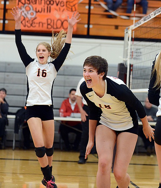 &lt;p&gt;Flathead senior Sarah Risenhoover (18) reacts to a score during Thursday&#146;s Class AA Western Division playoff match with Missoula Big Sky at Flathead. In the background is senior teammate Emma Andrews (16). Flathead won in three sets.&lt;/p&gt;