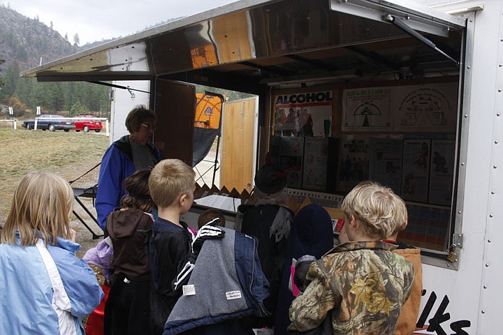 Bev Barrett shares some of the information about the  harmful effects of drugs with Paradise students. This trailer, owned and operated by the Elks, is a valuable tood for the Elks as they endeavor to keep Montana's youth drug free.