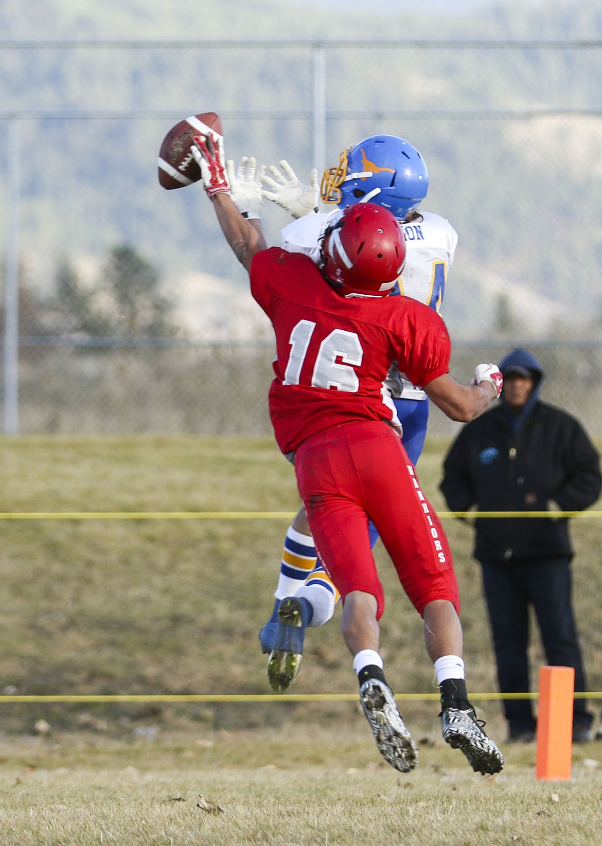 &lt;p&gt;Arlee's Isaac Desjarlais breaks up a pass at the goal line during their game against Wibaux on Saturday.&lt;/p&gt;