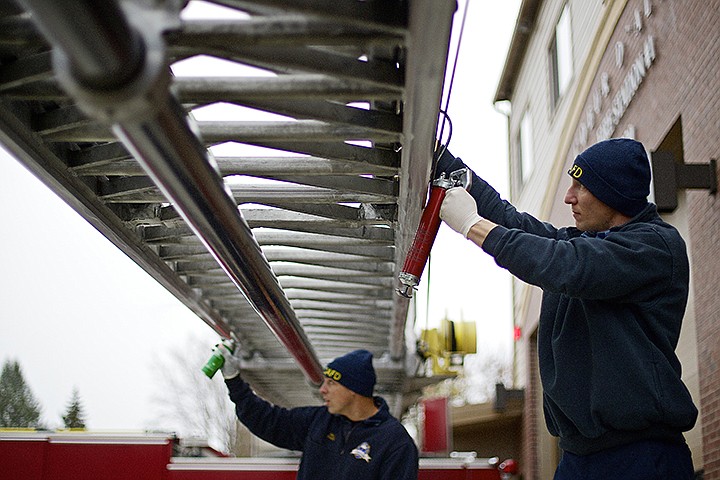 &lt;p&gt;JEROME A. POLLOS/Press Coeur d'Alene firefighters Dylan Clark, right, and Bill Dodd perform routine maintenance Thursday on a 100-foot ladder at the fire station in downtown Coeur d'Alene.&lt;/p&gt;