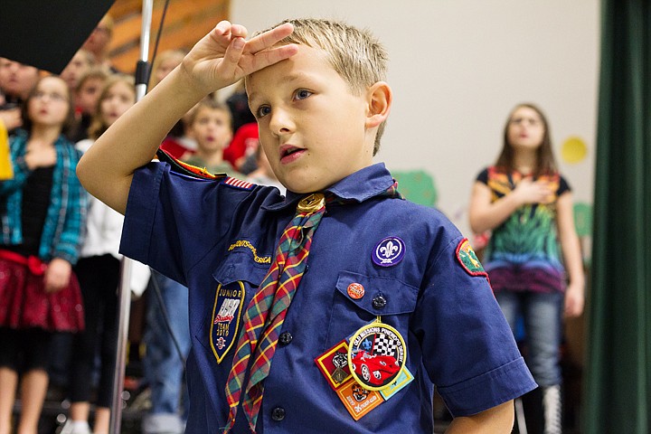 &lt;p&gt;SHAWN GUST/Press Braden Prior, a weblo-ranked Boy Scout, 9, salutes the flag after another scout presented the colors during a Veterans Day assembly Thursday at Bryan Elementary in Coeur d'Alene.&lt;/p&gt;