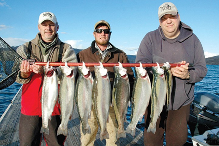 Bobby Loomis, Wenatchee, Andy Byrd, Manson, and Pat Saloky, Fairmont, WV, fished Rufus Woods Reservoir on Nov. 8 with Anton Jones. They caught a four-person limit of two fish each. The largest fish weighed 7.5 pounds. When fishing with bait, every fish caught must be counted as part of the limit.