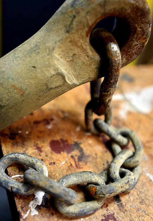<p>Detail of the rusted anchor, one of the items recovered from the sunken remains of the Kee-O-Mee that will be on display at the Museum at Central School in the History of the Flathead Valley exhibition. (Brenda Ahearn/Daily Inter Lake)</p>