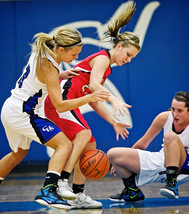 &lt;p&gt;JEROME A. POLLOS/Press Kim Sprenger from Moscow High losses control of the ball under the defensive pressure of Coeur d'Alene High's Madison Sumner, left, and Sydni Parker.&lt;/p&gt;