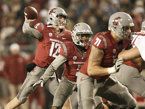 &lt;p&gt;Washington State quarterback Connor Halliday (12) completes this pass for a 17-yard touchdown to wide receiver Isiah Barton while protected by running back Rickey Galvin (5) and right tackle Dan Spitz (71) during the second half of an NCAA college football game against Arizona State, Saturday, Nov. 12, 2011, in Pullman, Wash. Halliday was 27-of-36 attempts, with four touchdowns and zero interceptions as Washington State won 37-27. (AP Photo/Dean Hare)&lt;/p&gt;