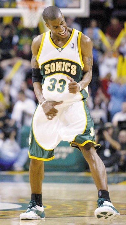 Seattle SuperSonics' Antonio Daniels reacts to making a shot against the San Antonio Spurs in Seattle, Sunday, Nov. 7, 2004. The Sonics find themselves in an unexpected position early in the season, in first place in the new Northwest Division with a record of 6-1. The team was viewed as having low expectations going into the season. (AP Photo/John Froschauer)(AP Photo/John Froschauer)