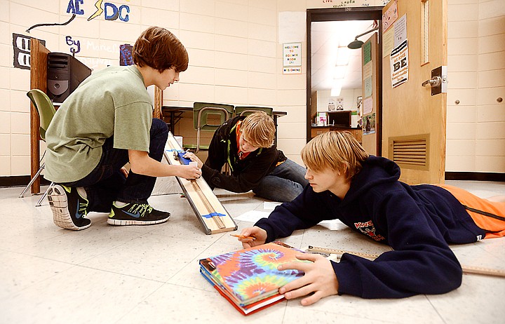 &lt;p&gt;From left, Harrison Rennie, Jacob Uhde, and Bryce Shaffer work on a science experiment on Friday, November 15, at Kalispell Middle School. The students are using motion detectors and &quot;crass test dummies&quot; to learn about Newton's Laws of Motion and force, mass and acceleration. (Brenda Ahearn/Daily Inter Lake)&lt;/p&gt;