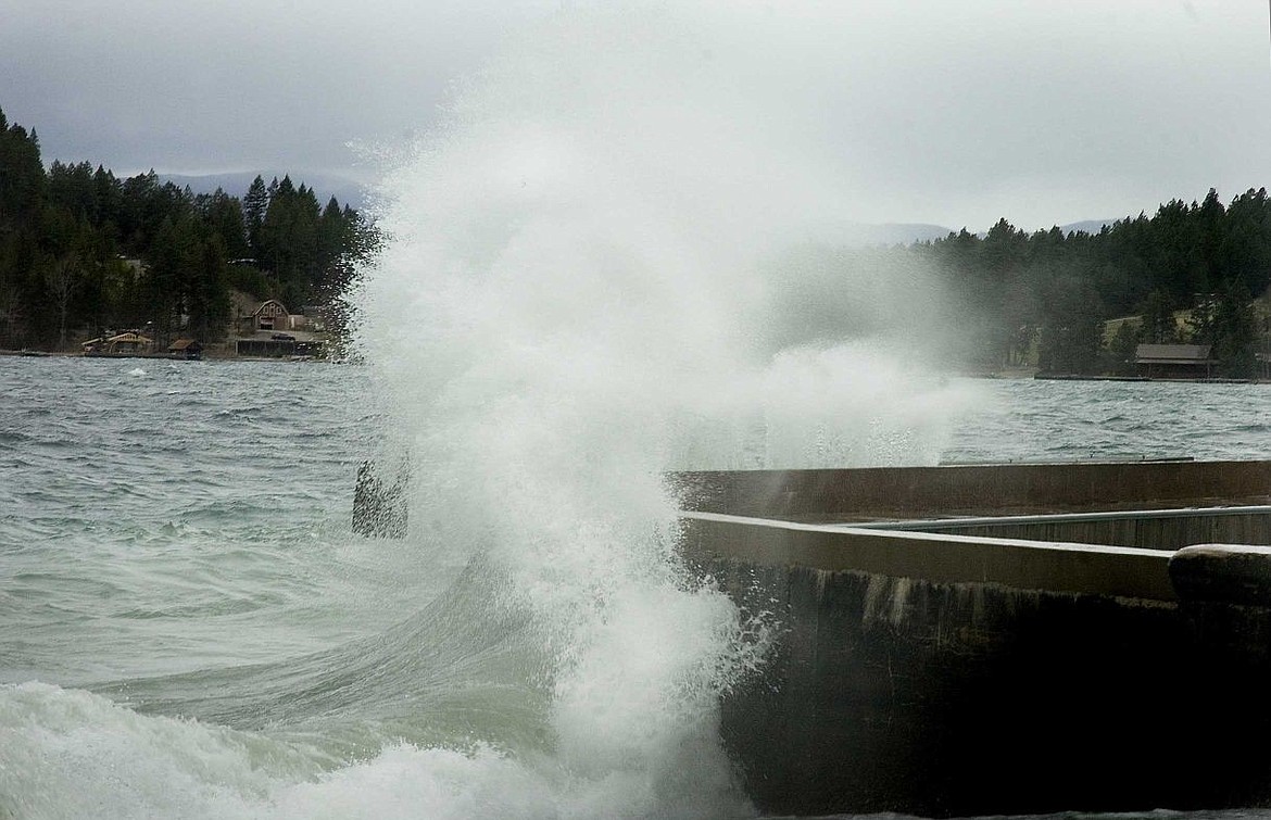 &lt;p&gt;&lt;strong&gt;Waves batter&lt;/strong&gt; a breakwater on the east shore of Flathead Lake Tuesday afternoon in Woods Bay as a storm bearing high winds roars into the Flathead Valley. (David Reese/Bigfork Eagle)&lt;/p&gt;