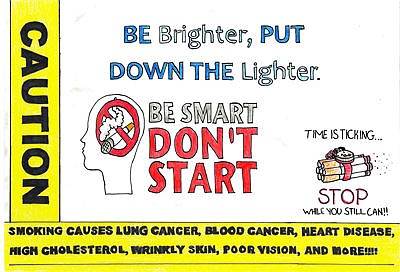 &lt;p&gt;Ninth-grader Shelby Smith&#146;s &#147;Be brighter, put down the lighter. Be smart, don&#146;t start,&#148; poster featuring a time-bomb strapped to a group of cigarettes and the &#147;Caution&#148; letter that comes on the backs of cigarette packs.&lt;/p&gt;