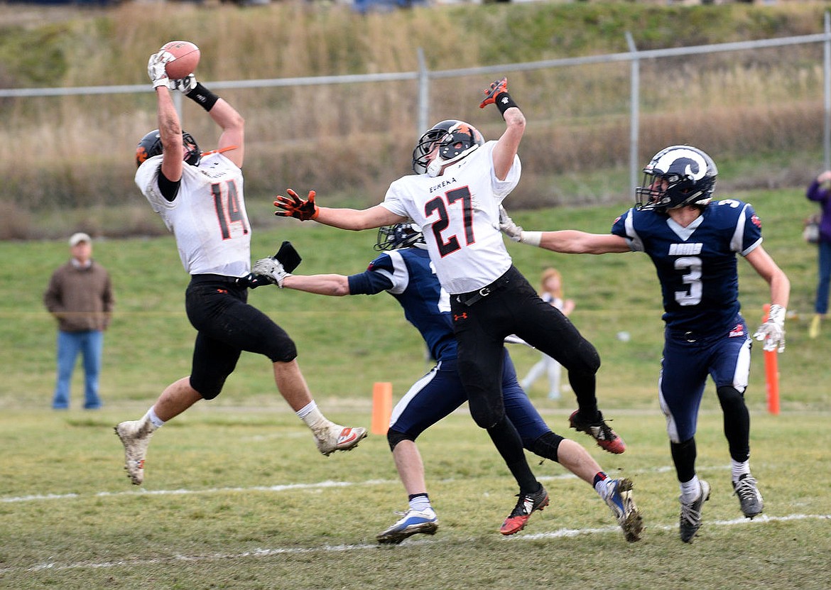 &lt;p&gt;Eureka senior Austyn Sherwood hauls in the 38-yard, Hail Mary as time expired to give the Lions a 31-28 victory over Missoula Loyola in the Class B State Championship at Missoula on Saturday. (Aaric Bryan/Daily Inter Lake)&lt;/p&gt;