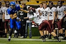 &lt;p&gt;Coeur d'Alene High receiver Deon Watson (81) brushes aside Centennial defender Brett Grote as he races down the sideline for the first of his two touchdowns during the state 5A championship game Friday night at the Kibbie Dome in Moscow.&lt;/p&gt;
