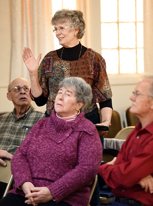 <p>Vice President of the Board of the Bigfork Community and Senior Center Jolynn Yenne address vision of the needs of the center to Governor Steve Bullock at a meeting at the Kalispell Senior Center on Thursday morning, November 19. (Brenda Ahearn/Daily Inter Lake)</p>