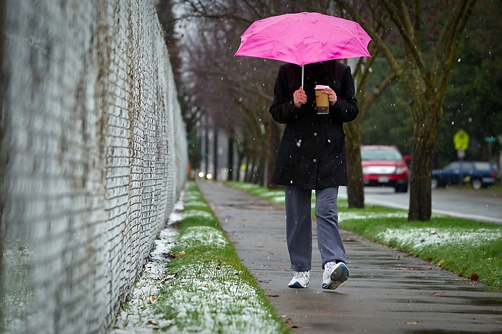 &lt;p&gt;JEROME A. POLLOS/Press Jan Line walks along 15th Street in Coeur d'Alene toward her daughter's home under the cover of her pink umbrella during the snowfall Thursday morning.&lt;/p&gt;