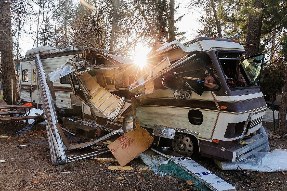 &lt;p&gt;&#160;The sun shines through the top of a severely damaged motor home at Tamarack RV Resort.&lt;/p&gt;