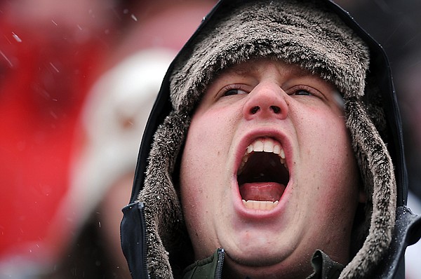 A Griz fan shouts from the stands at the start of the Brawl of the Wild on Saturday, November 20, in Missoula.