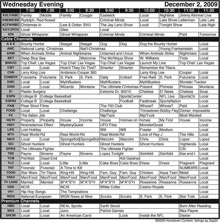 TV Listings: Wednesday, Dec. 2