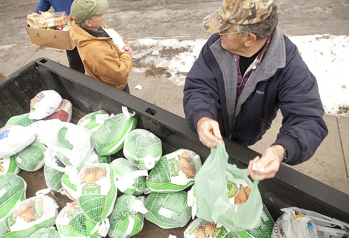 &lt;p&gt;Volunteer Jerry Quinn, right, hands out turkeys from the back of
his pickup truck Tuesday afternoon at the North Valley Food Bank in
Whitefish. Families in need were given a turkey along with a box
full of milk, bread, coffee, cookies and more. The food bank helped
more than 350 families during its Thanksgiving food
distribution.&lt;/p&gt;