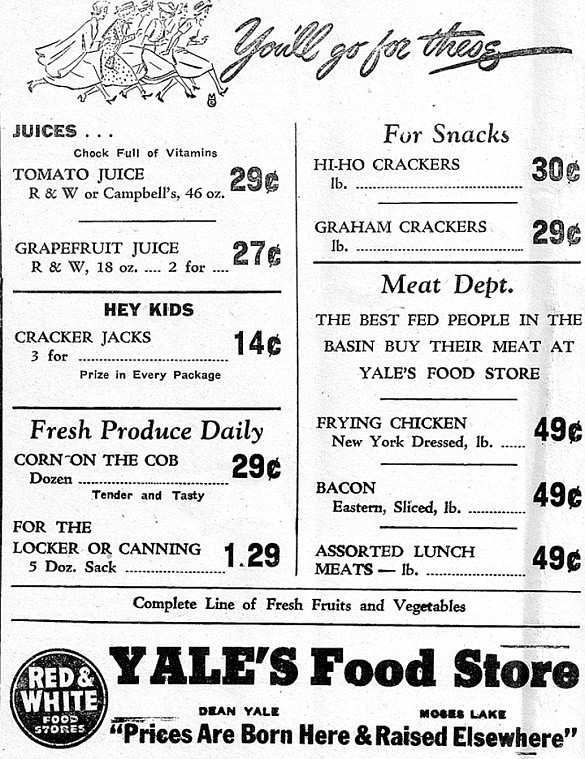 Yale's Food Store says, &quot;You'll go for these.&quot; These include
three boxes of Cracker Jacks for 14 cents, with a prize in every
package, corn on the cop 29 cents a dozen or a five-dozen sack for
$1.29 and assorted lunch meats for 49 cents a pound.