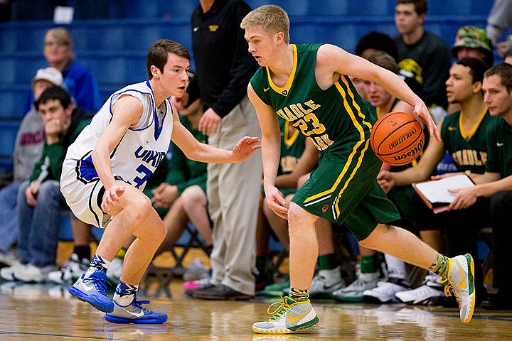 &lt;p&gt;Coeur d'Alene's Justin Kofmehl, left, defends against Shadle Park's Cole Riblet on Thursday at Coeur d'Alene High School. The Vikings defeated the Highlanders 45-44.&lt;/p&gt;