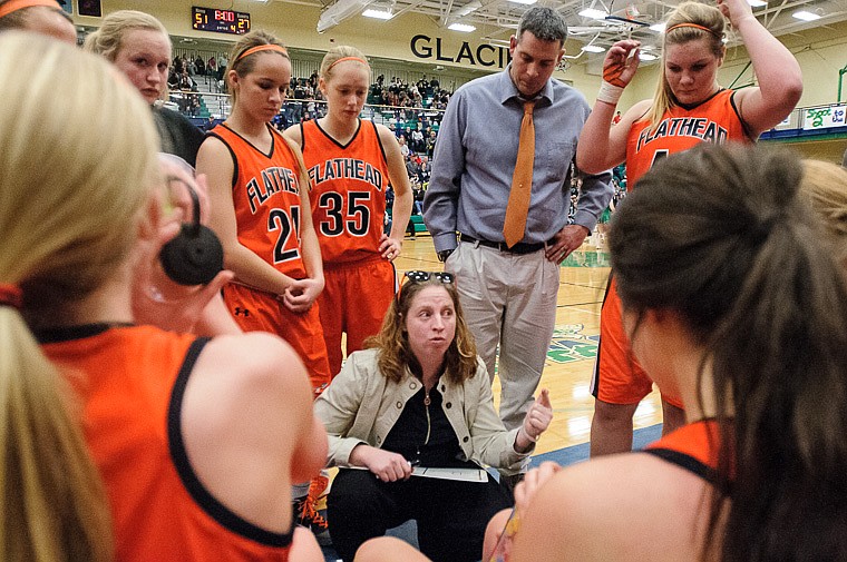 &lt;p&gt;Flathead head coach Lisa Hendrickson talks to her team during the second half of Glacier's crosstown victory over Flathead at Glacier High School in this 2014 file photo. (Patrick Cote/Daily Inter Lake)&lt;/p&gt;