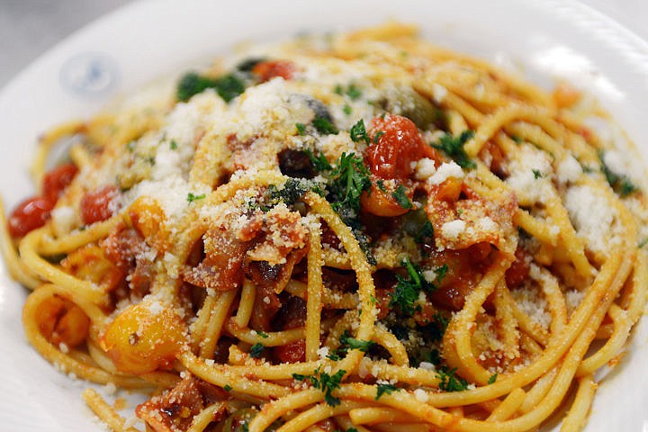 &lt;p&gt;Detail of a plate of Bucatini alla Romana, made with pancetta, onions, fresh tomatoes and olives. The Bucatini noodles are from Rome. (Brenda Ahearn/Daily Inter Lake)&lt;/p&gt;