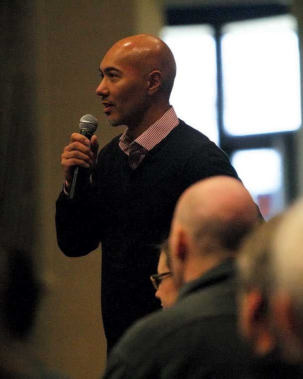 Central Washington University head volleyball coach Mario Andaya speaks during Steve Duncan's celebration of life Friday.