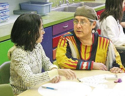 Tina Smith, left, receives some artistic wisdom from Monte Yellow Bird during April Lucier’s fifth-grade art class Monday. Student art will be displayed alongside Yellow Bird’s at the Little Theatre in Central School Friday at 7 p.m. The public is welcome to attend.