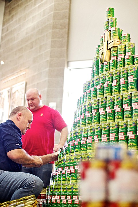 &lt;p&gt;JEROME A. POLLOS/Press Dalton Bly, foreground, and Matt McDonald work on the construction of their holiday scene Friday engineered and built with the 2,400 cans of food allotted for each of the nine teams in a company-wide competition at Endentics in Post Falls. The company purchased 22,000 cans of food at a discount from Super 1 Foods in Post Falls and Walmart at Stateline for the holiday event. After the teams are judged on their project's color, structural integrity, and engineering sophistication, all the food, as well as cash won by teams, will be donated to the Post Falls Food Bank.&lt;/p&gt;