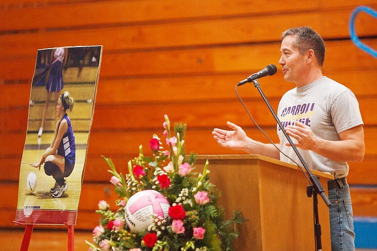 <p>Wes Knutson recalls helping Taylor prepare for the senior night volleyball game during the celebration of life event for Peterson.</p>