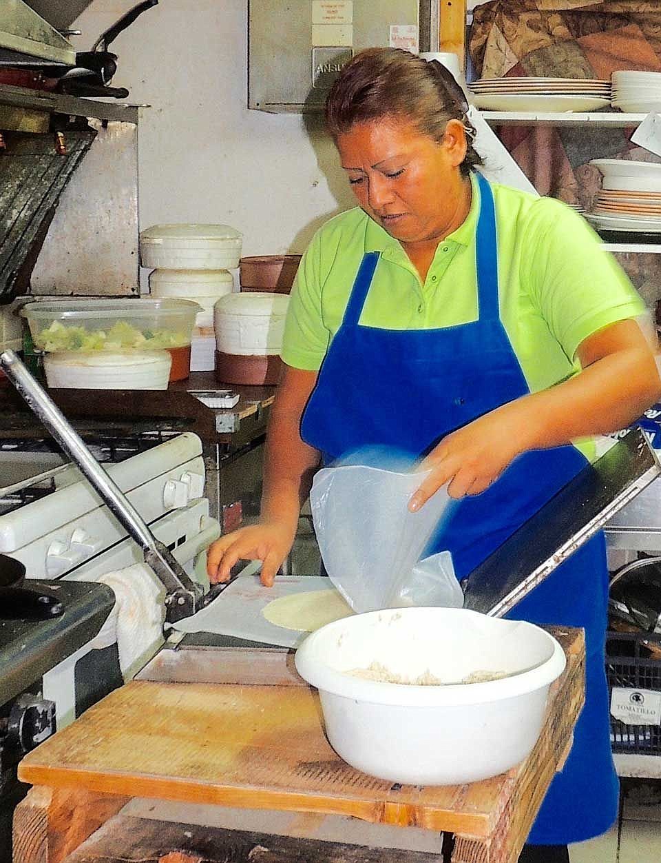 Everything Maria del Consuelo Ramirez serves at the Las Morenitas Cafe near the east of Camelia St., is homemade by her, including the tortillas.