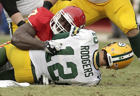 &lt;p&gt;Green Bay Packers quarterback Aaron Rodgers (12) is sacked by Kansas City Chiefs defensive end Allen Bailey (97) during the second half Sunday in Kansas City, Mo. The Chiefs won 19-14.&lt;/p&gt;