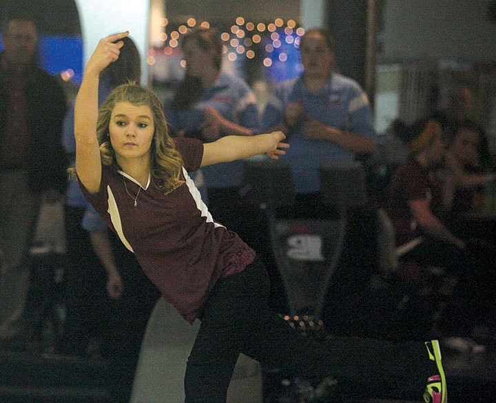 Moses Lake junior Ashleigh Hash (above) warms up before Tuesday's match against West Valley (Yakima). Hash bowled a combined 352 in two games.
