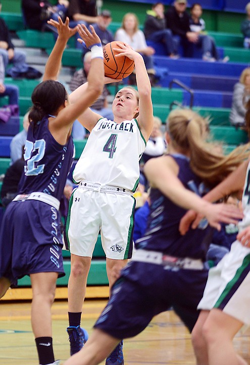 <p>Glacier sophomore Hailee Bennett (4) shoots during Saturday’s Class AA girls basketball game versus Great Falls at Glacier High School.</p>