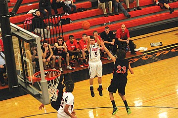 &lt;p class=&quot;p1&quot;&gt;Dallas Jore gets a look from 3-point range against Eureka.&lt;/p&gt;