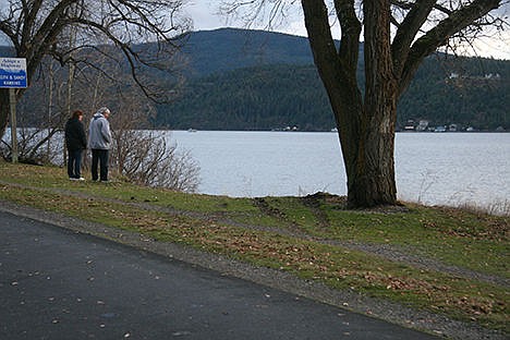 &lt;p&gt;Two Centennial Trail pedestrians Sunday check out the site on Coeur d&#146;Alene Lake Drive where Dan Lyons rolled his Subaru into Lake Coeur d&#146;Alene on Saturday afternoon.&lt;/p&gt;