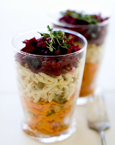 &lt;p&gt;This photo shows, from top, shredded beets with balsamic, shredded parsnips with walnuts, and shredded spicy carrots.&lt;/p&gt;