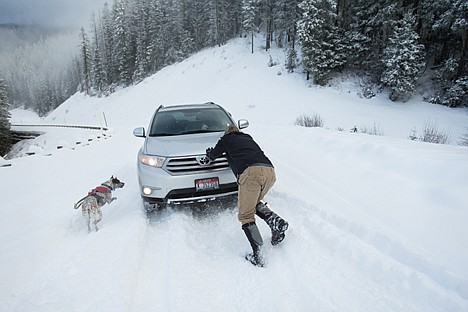 &lt;p&gt;David Cole frees the group vehicle from a patch of ice along Thompson Pass Saturday with assistance from Oliver the dog. The group then decided to snowshoe up the Pass the rest of the way to the Revette Lake trail.&lt;/p&gt;