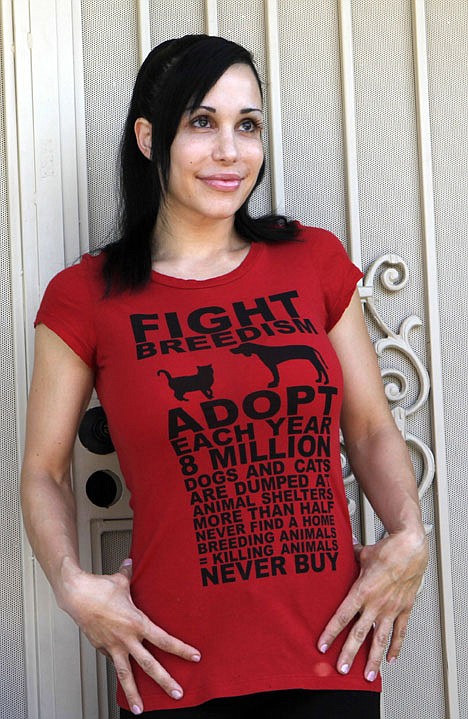 &lt;p&gt;This Wednesday, May 19, 2010 file photo shows octuplets mother Nadya Suleman wears a T-shirt promoting pet birth control outside her home in La Habra, Calif. on Wednesday, May 19, 2010. Suleman has been living in the home for nearly two years. The man who sold the home to Suleman says he is going ahead with eviction proceedings because she can't come up with a $450,000 balloon payment.&lt;/p&gt;