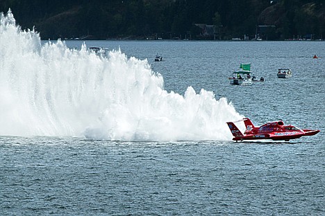 &lt;p&gt;The number 57 Fedco hydroplane, driven by Mark Evans with the Evans Brothers Racing team, flies into turn number two while performing a test run Friday August, 30 on Lake Coeur d'Alene.&lt;/p&gt;