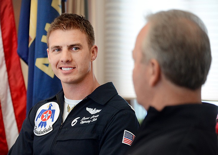 &lt;p&gt;USAF Cpt. Jason Curtis looks over and smiles as Joe Unterreiner talks about the air show that will be returning to Montana in August of next year. (Brenda Ahearn/Daily Inter Lake)&lt;/p&gt;