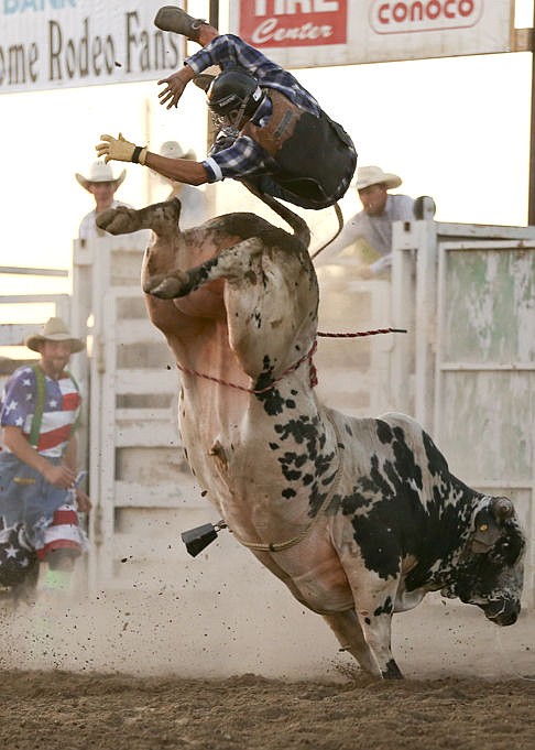 &lt;p&gt;Kylie Richter/ Lake County Leader Leyton Lawrence of Great Falls get bucked off a bull at the Pioneer Days rodeo in Ronan on Friday evening.&lt;/p&gt;