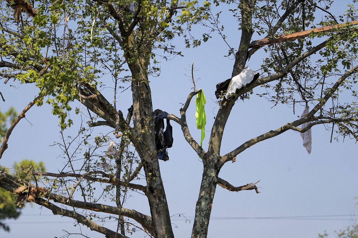Clothing hangs in a tree in the aftermath of an explosion in Baltimore on Monday, Aug. 10, 2020. Baltimore firefighters say an explosion has leveled several homes in the city. (AP Photo/Julio Cortez)