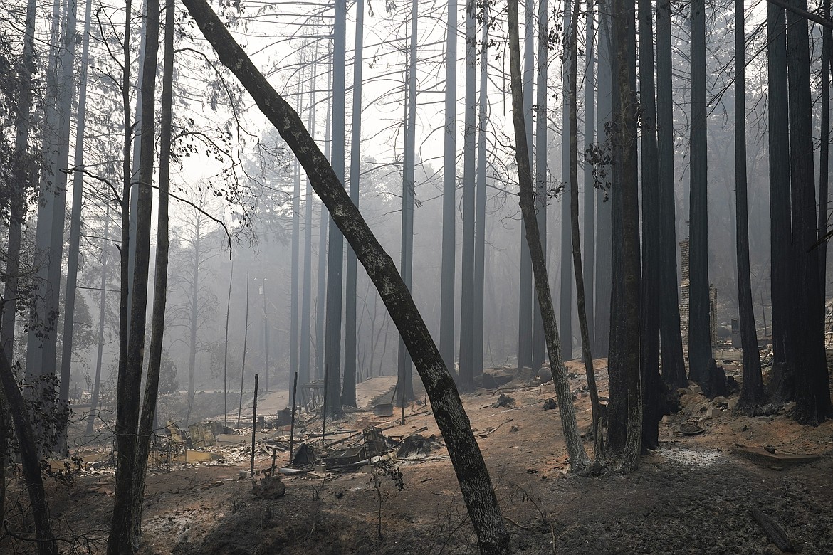 A fire-ravaged neighborhood is seen Tuesday, Aug. 25, 2020, in Boulder Creek, Calif., after the the CZU August Lightning Complex Fire passed by. (AP Photo/Marcio Jose Sanchez)