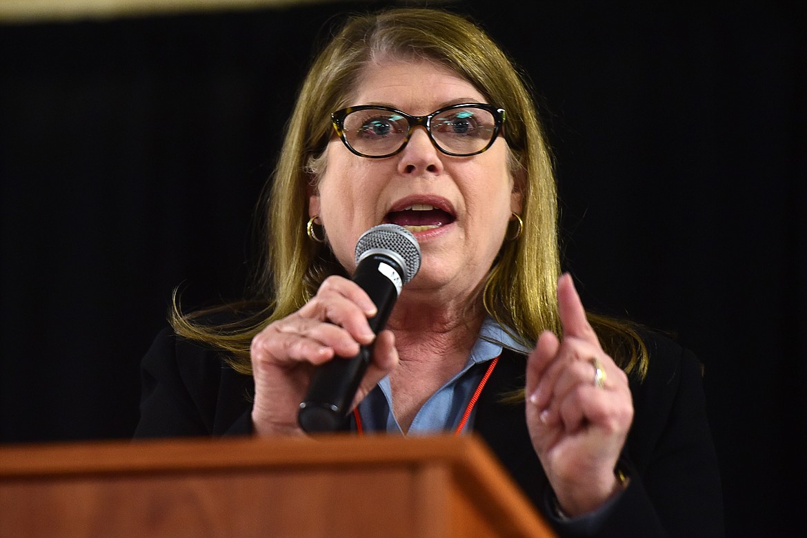 File-In this June 10, 2017, file photo Debra Lamm speaks at the Montana Republican Party 2017 State Convention in Billings. Lamm is among 11 women running for statewide office in Montana this year, the most female candidates in at least two decades. Women candidates are positioned to make significant gains in Montana's election this year with the highest number seeking statewide political office in at least two decades, including races for governor, U.S. House and other high-profile posts. (Rebecca Noble/Billings Gazette via AP, File)