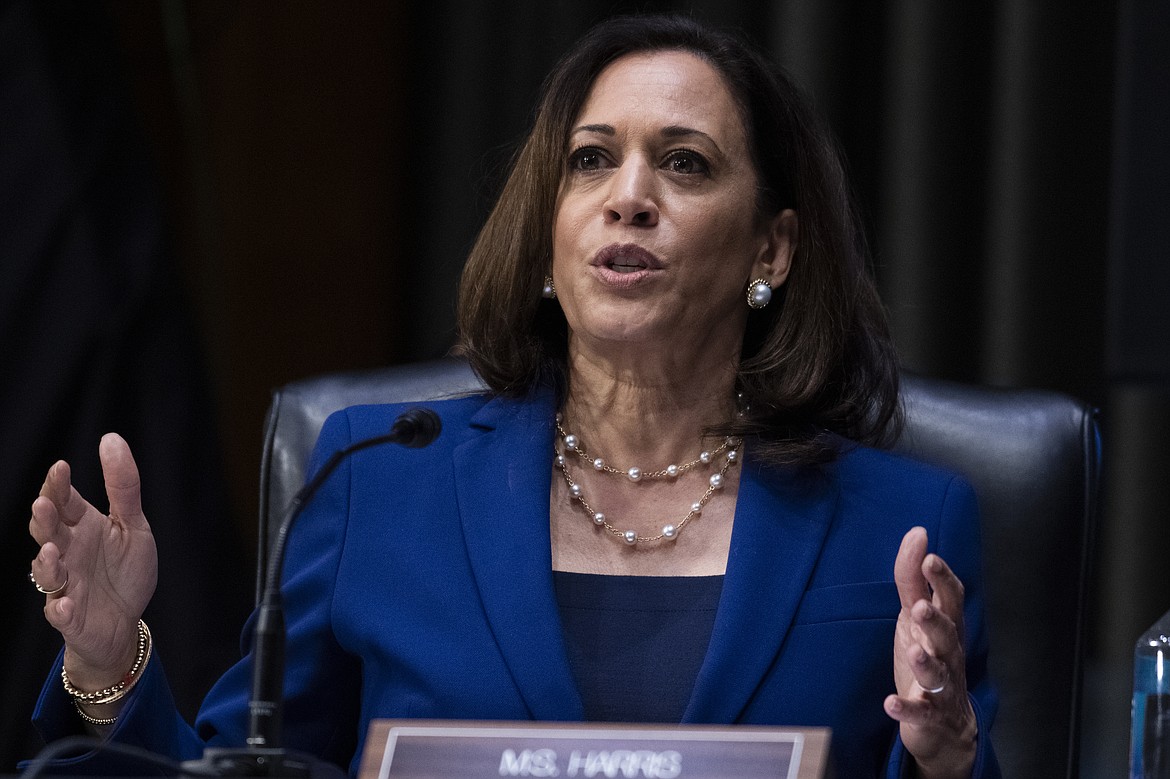 In this June 16, 2020, photo, Sen. Kamala Harris, D-Calif., asks a question during a Senate Judiciary Committee hearing on police use of force and community relations on on Capitol Hill in Washington. Democratic presidential candidate former Vice President Joe Biden has chosen  Harris as his running mate. (Tom Williams/CQ Roll Call/Pool via AP)