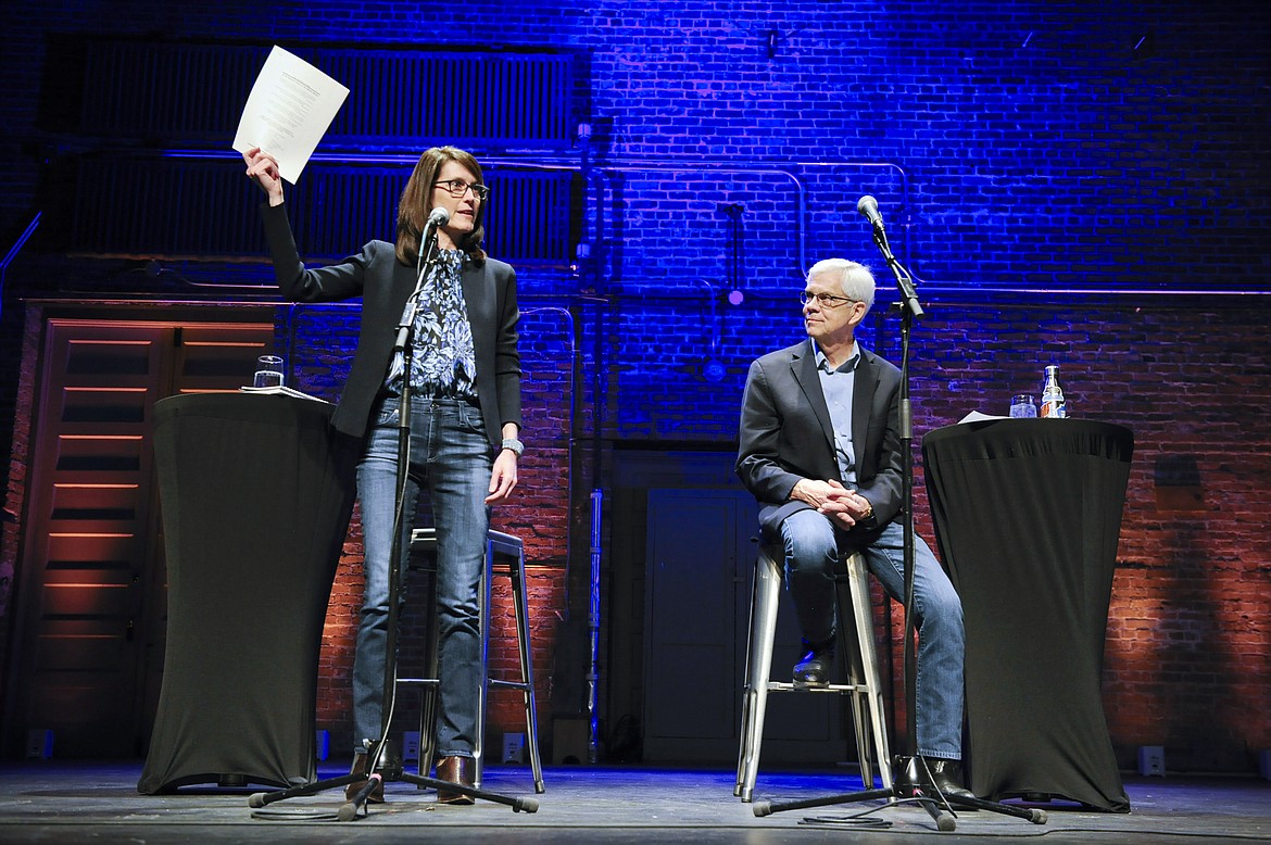 FILE - In this Feb. 21, 2020, file photo, the two Democratic candidates for Montana governor, Whitney Williams, left, and Mike Cooney, debate at the Emerson Center for Arts and Culture in Bozeman, Mont. The pair will face each other in the June 2 primary. Montana voters are choosing party nominees for governor, U.S. Senate and House and a slate of other offices in a primary election that was changed to all-mail balloting to protect against the spread of the coronavirus. (Thom Bridge/Independent Record via AP, File)