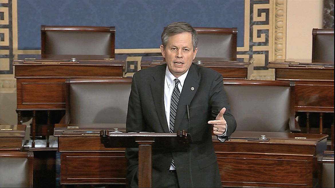 In this March 24, 2020 file image from video, Sen. Steve Daines, R-Mont., speaks on the Senate floor at the U.S. Capitol in Washington. Incumbent Republican U.S. Sen. Steve Daines faces off Saturday, Aug. 8, 2020, in the first of three debates against his Democratic opponent, Montana Gov. Steve Bullock, in a race that is among the GOP-held seats in states won by President Trump in 2016 that Democrats think they have a chance to flip in November. (Senate Television via AP, File)