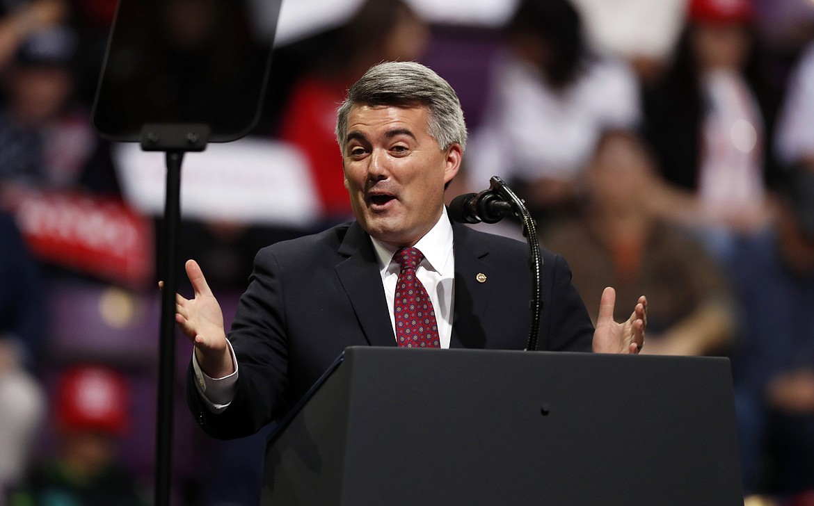 Sen. Cory Gardner, R-Colo., speaks before an appearance by President Donald Trump at a campaign rally Thursday, Feb. 20, 2020, in Colorado Springs, Colo. (AP Photo/David Zalubowski)