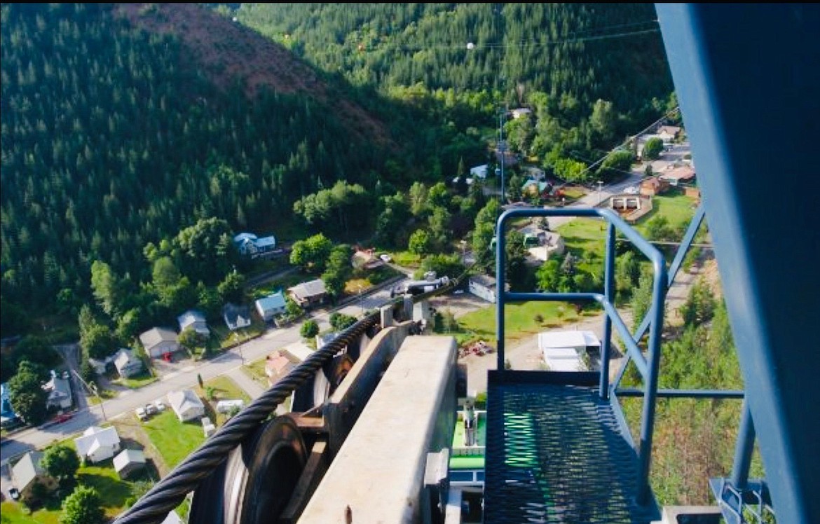 Courtesy photo/ The top of one of the aerial pylons that roll the cables. This particular shot looks right down into Wardner.