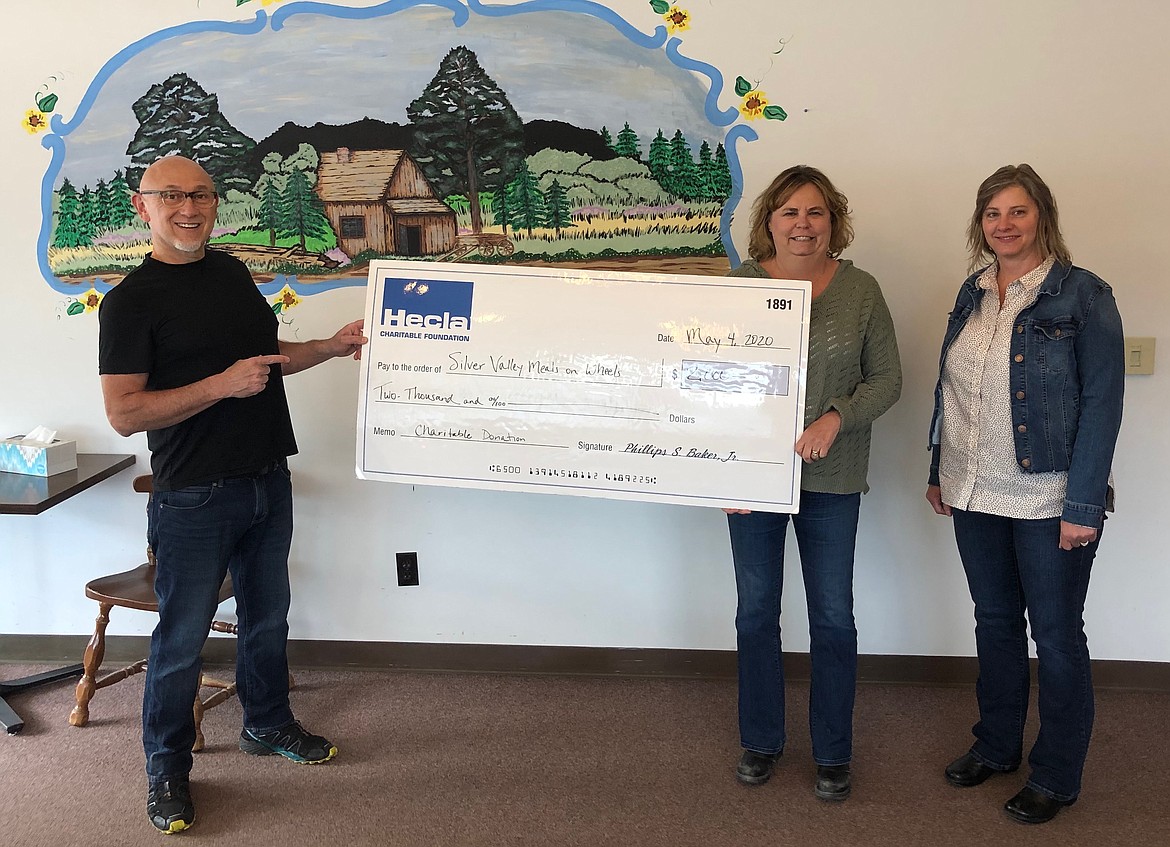 The Hecla Charitbale Foundation presented $2,000 to the Silver Valley Meals on Wheels program. Pictured are Darrell Lemieux, Michelle Horning and Val Evenson.